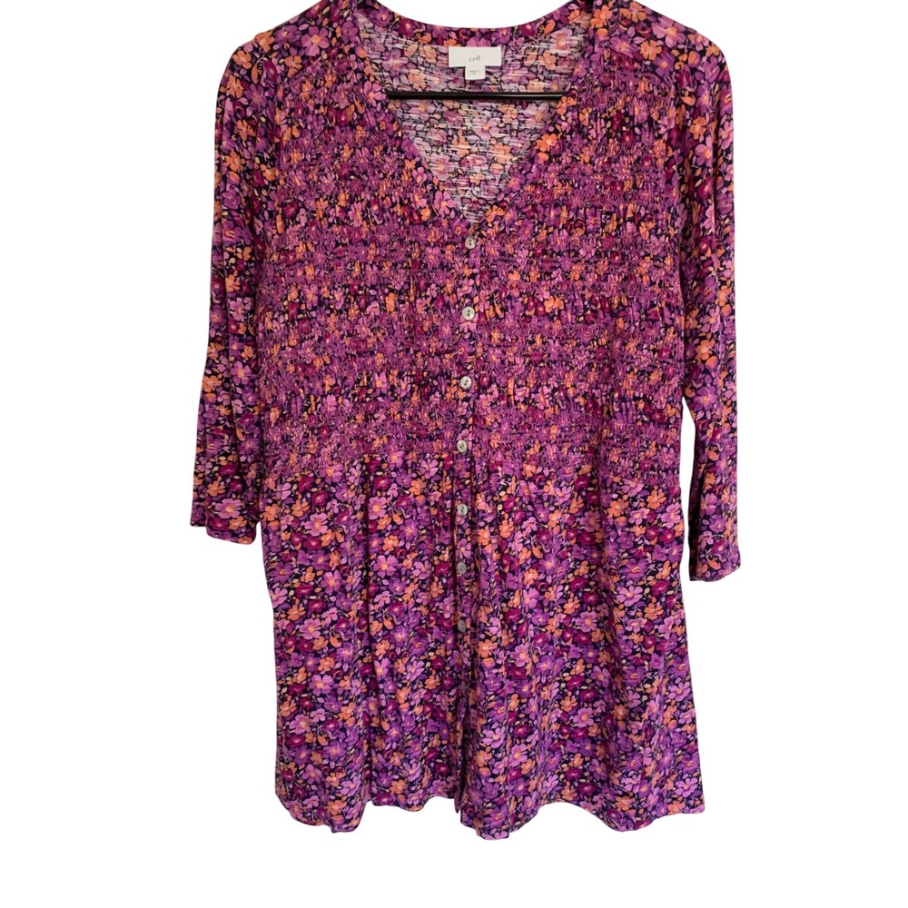 J. Jill Small Tunic Purple Floral Smocked V-Neck 3/4 Sleeve Button Front Top